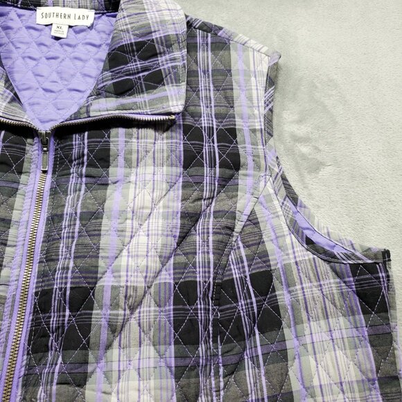 Southern Lady Quilted Full Zip Plaid Vest 2 Pockets Purple Gray Wms Sz XL - Picture 6 of 10